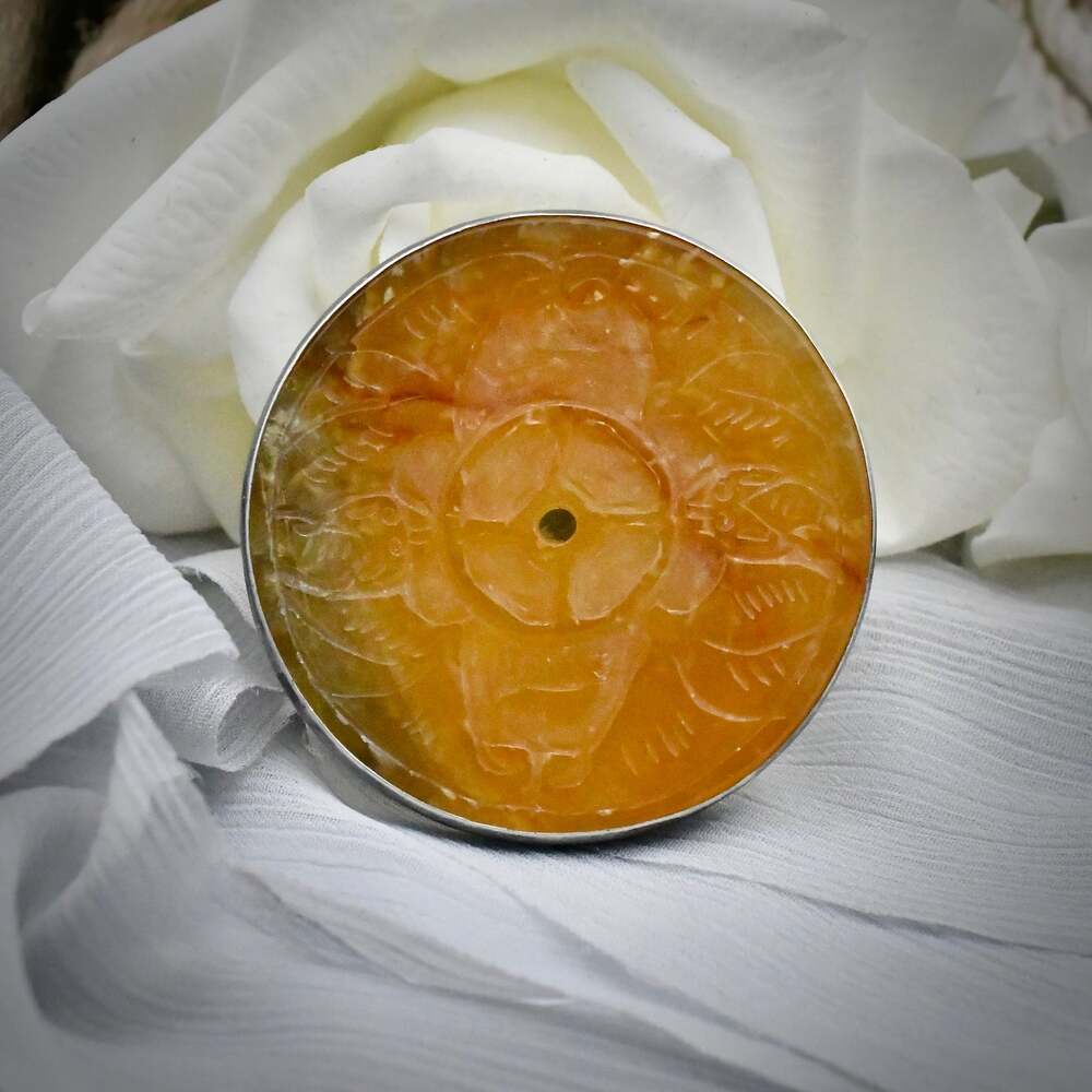 Rebecca Collins Bless Our Earth Carved Jade Medallion Brooch Pin Pendant 925 38g